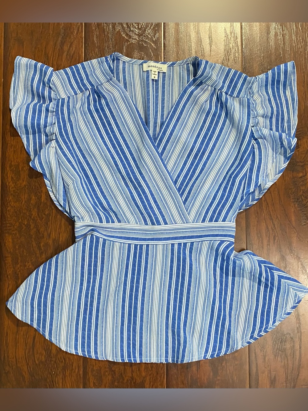 Monteau Blue and White Striped Wrap Peplum Top